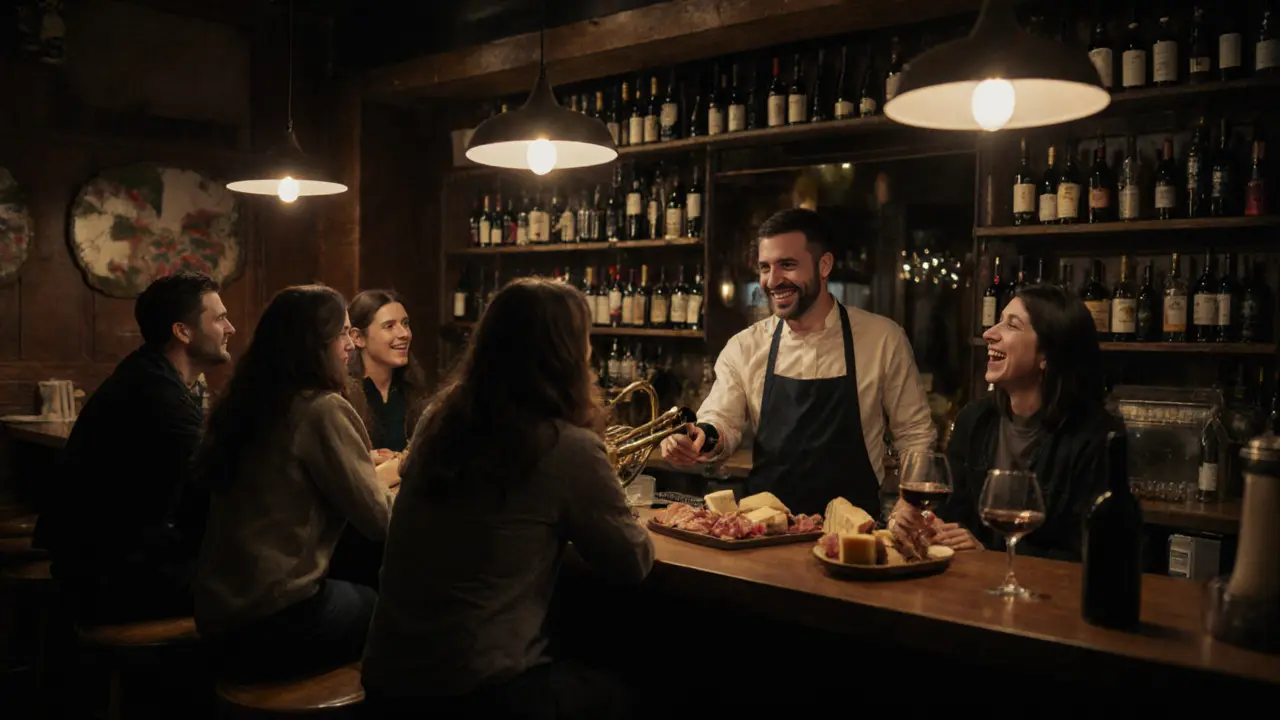 Intimate wine bar in Paris&#039;s 11th arrondissement with patrons laughing over cheese and wine.