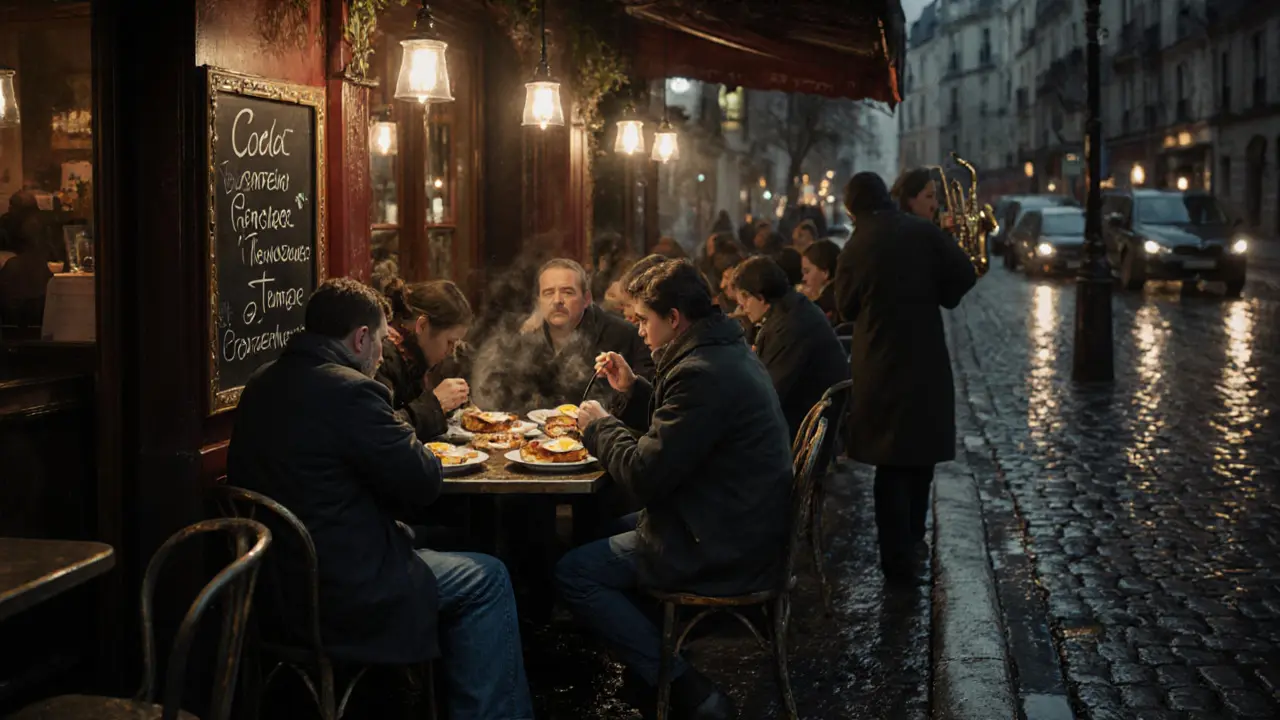 Late-night bistro at 3 a.m. with revelers eating croque-monsieur under warm vintage lights.