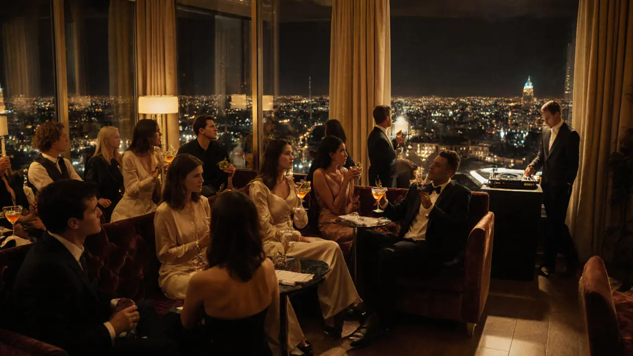 Luxurious lounge at Corso Como 10 with velvet sofas, city lights, and elegantly dressed guests.