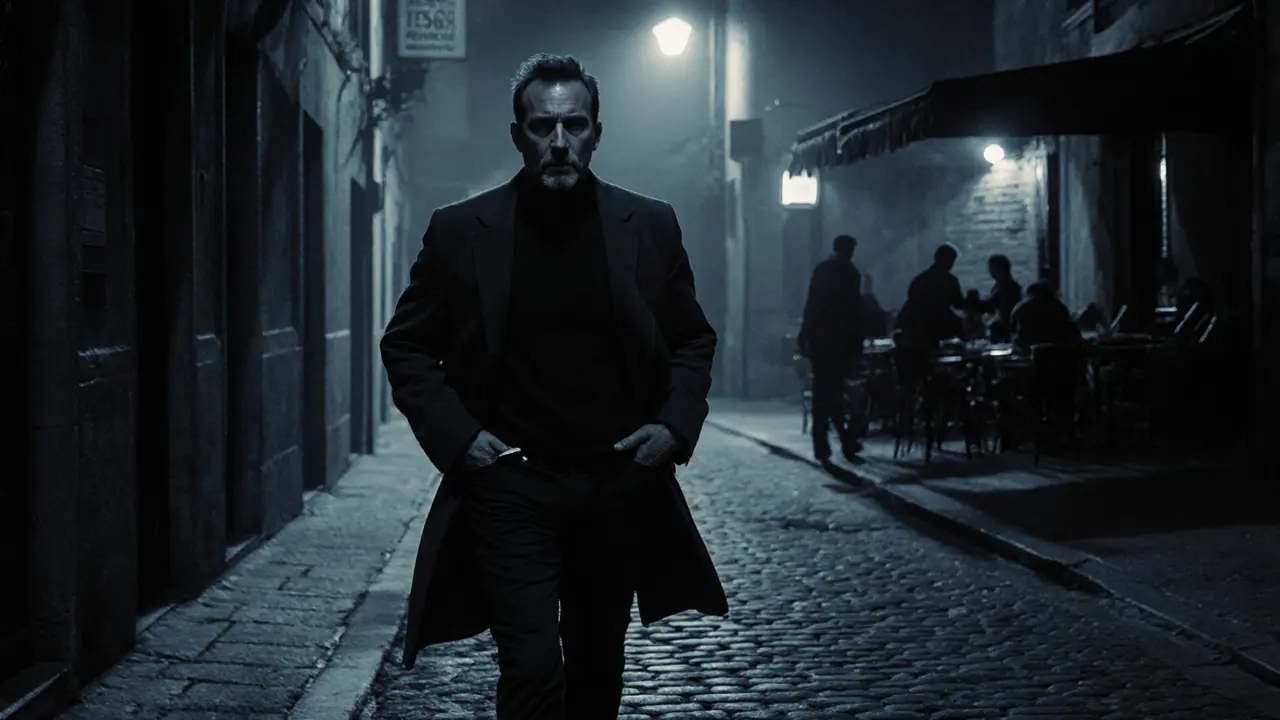 Man walking alone down a Milan alley at dusk, phone in pocket, shadows long, no identifying features.