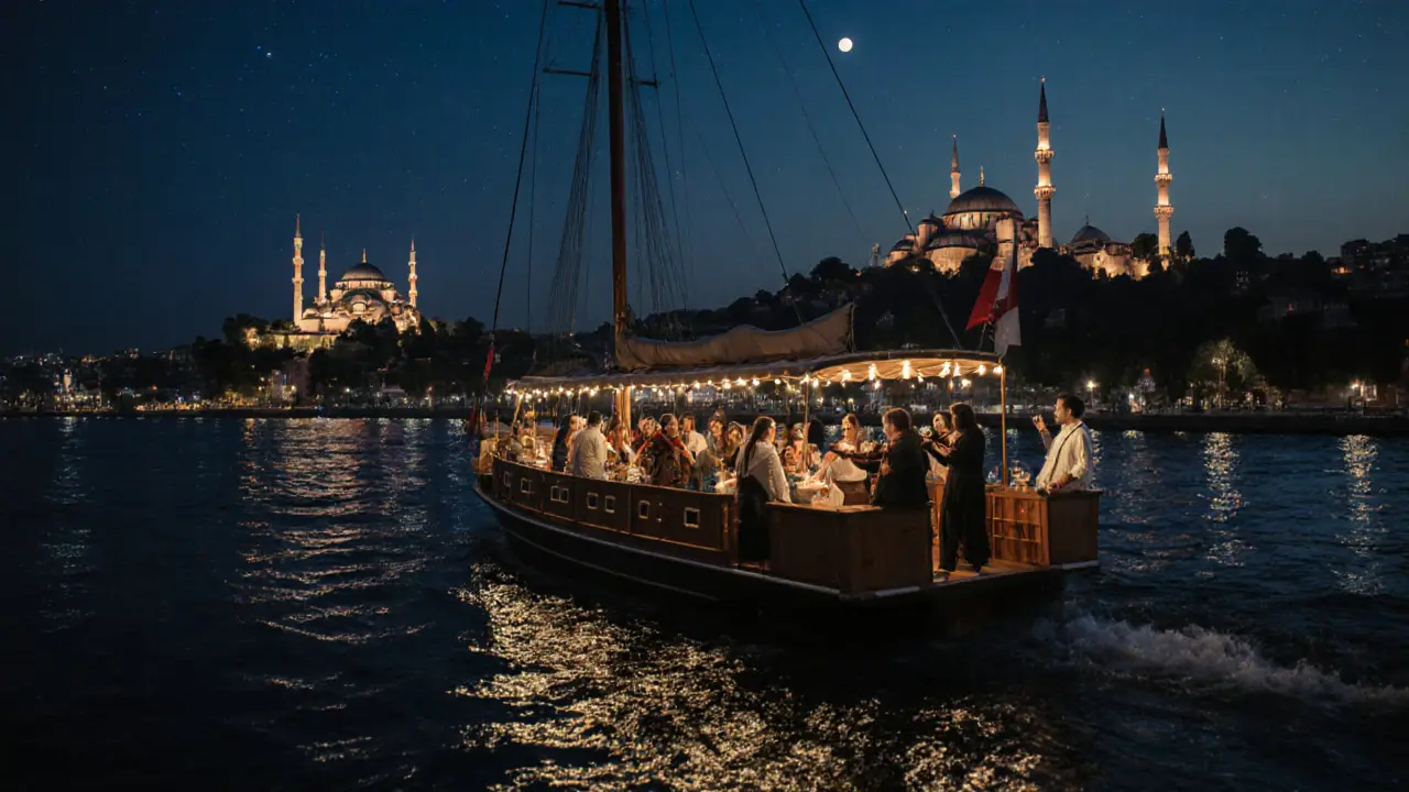 Moonlit Bosphorus boat party with soft lights, wine, and a violinist as minarets glow in the distance.