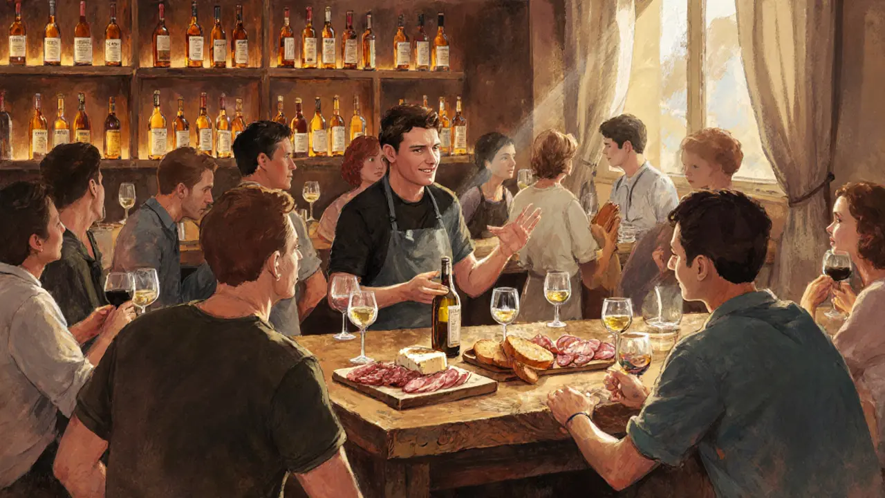 Natural wine bar with cloudy wines and artisanal charcuterie, staff explaining bottles to patrons.