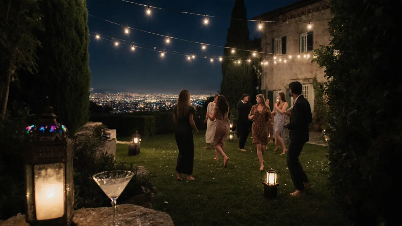 Nighttime dance party in a garden villa with string lights, guests barefoot on grass, Milan skyline in background.