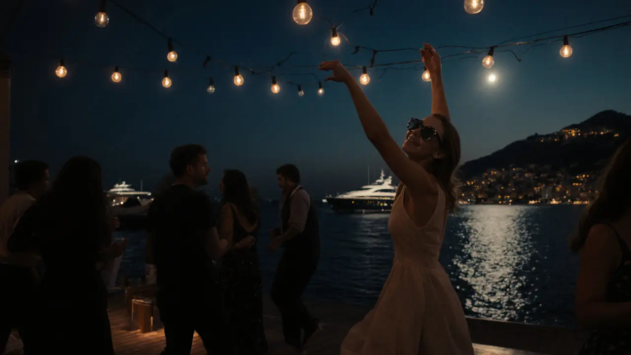 People dancing on a beachfront club at night with yachts glowing in the harbor under moonlight.