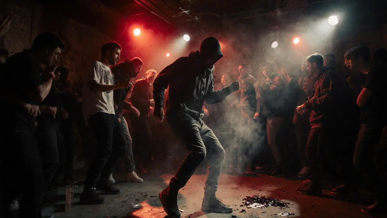 Raw underground club Barbican in Karaköy with dim lighting, dancing crowd, and industrial walls.