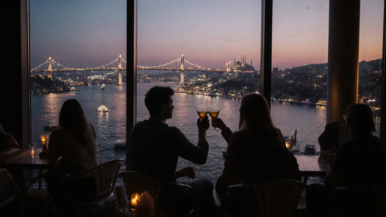 Rooftop bar overlooking the illuminated Bosphorus Bridge at dusk, people sipping cocktails with city lights reflecting on water.
