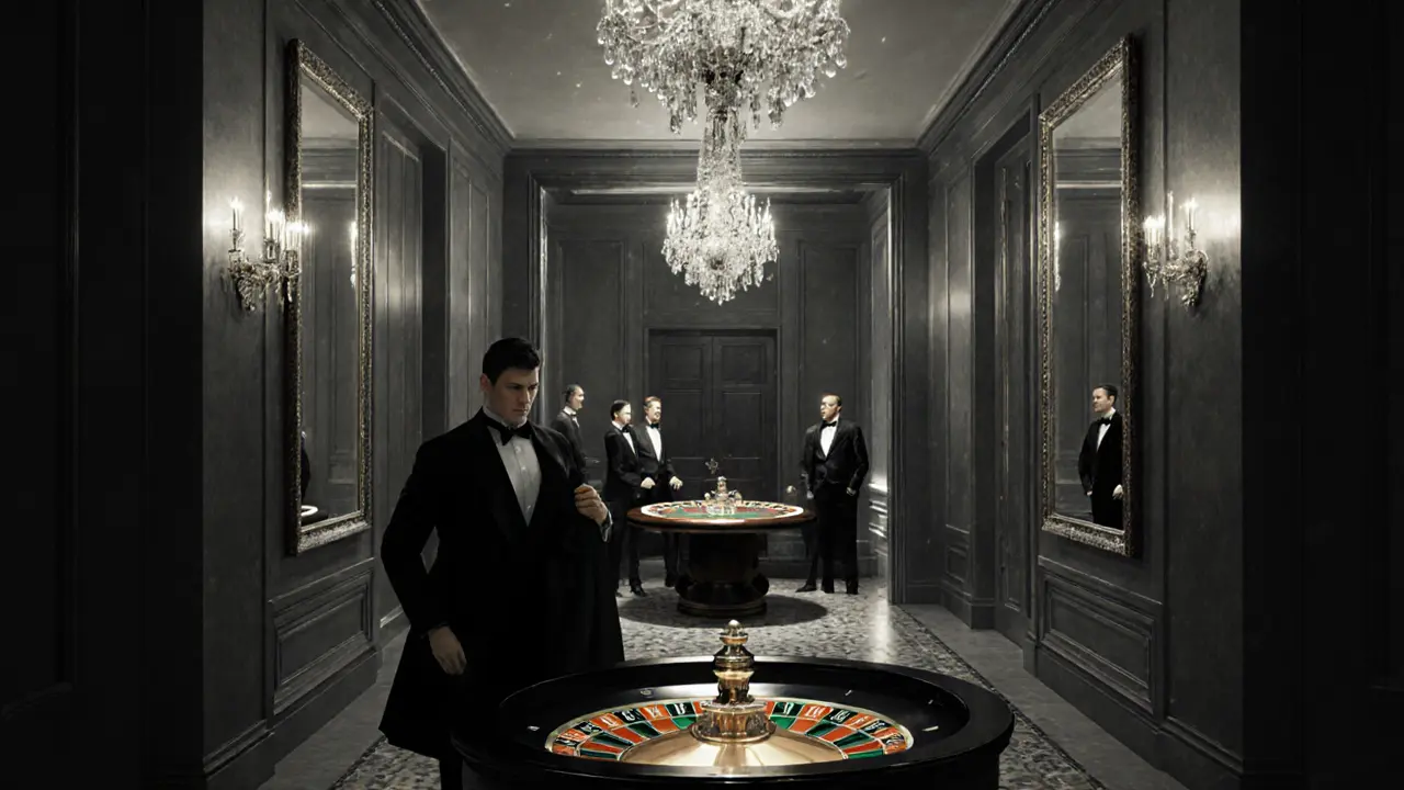 Secret entrance to The Ritz Casino with butler, crystal chandeliers, and private baccarat table.