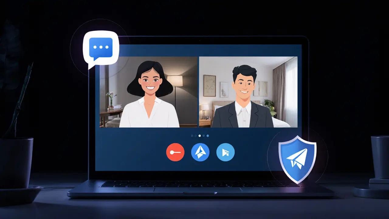 Secure video call between a companion and client, with encrypted messaging apps visible on the screen.