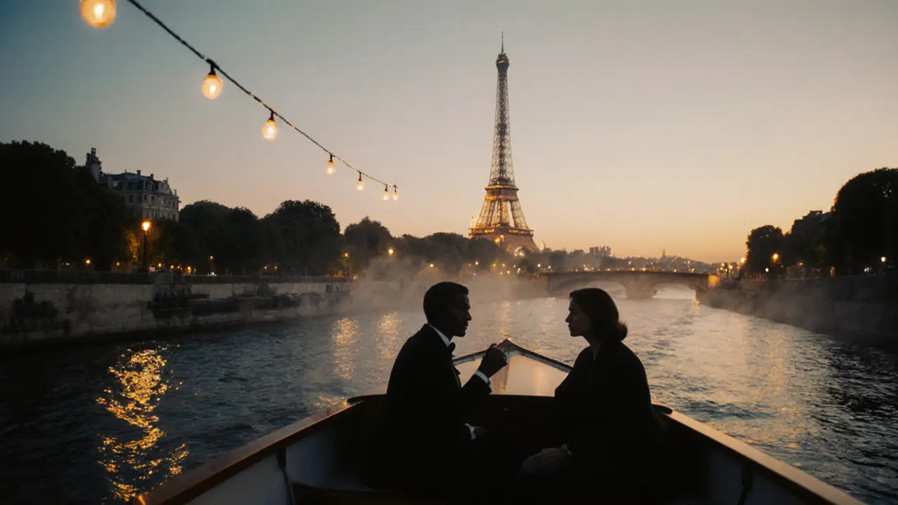 Silhouettes on a quiet Seine riverboat at dusk, Eiffel Tower glowing in the distance.