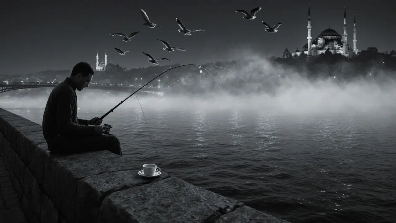 The quiet Galata Bridge at dawn, a fisherman on the edge, gulls flying over the Bosphorus.