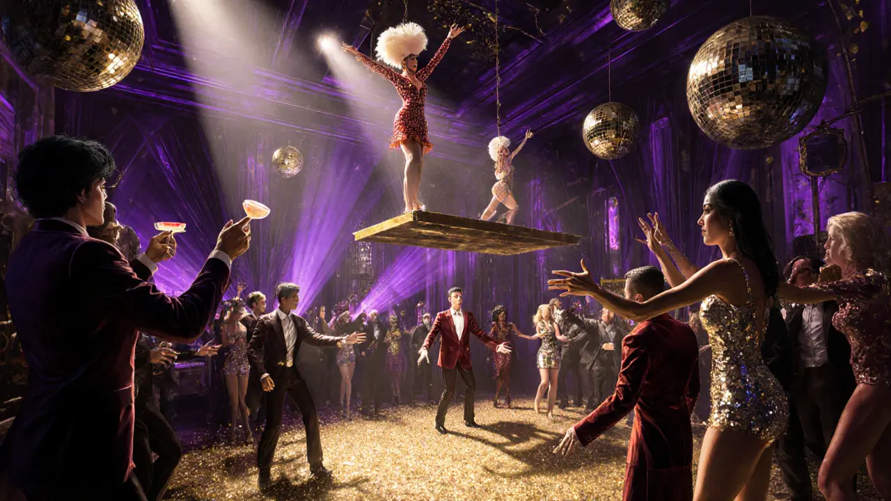Theatrical nightclub with performers suspended above a glittering dance floor.