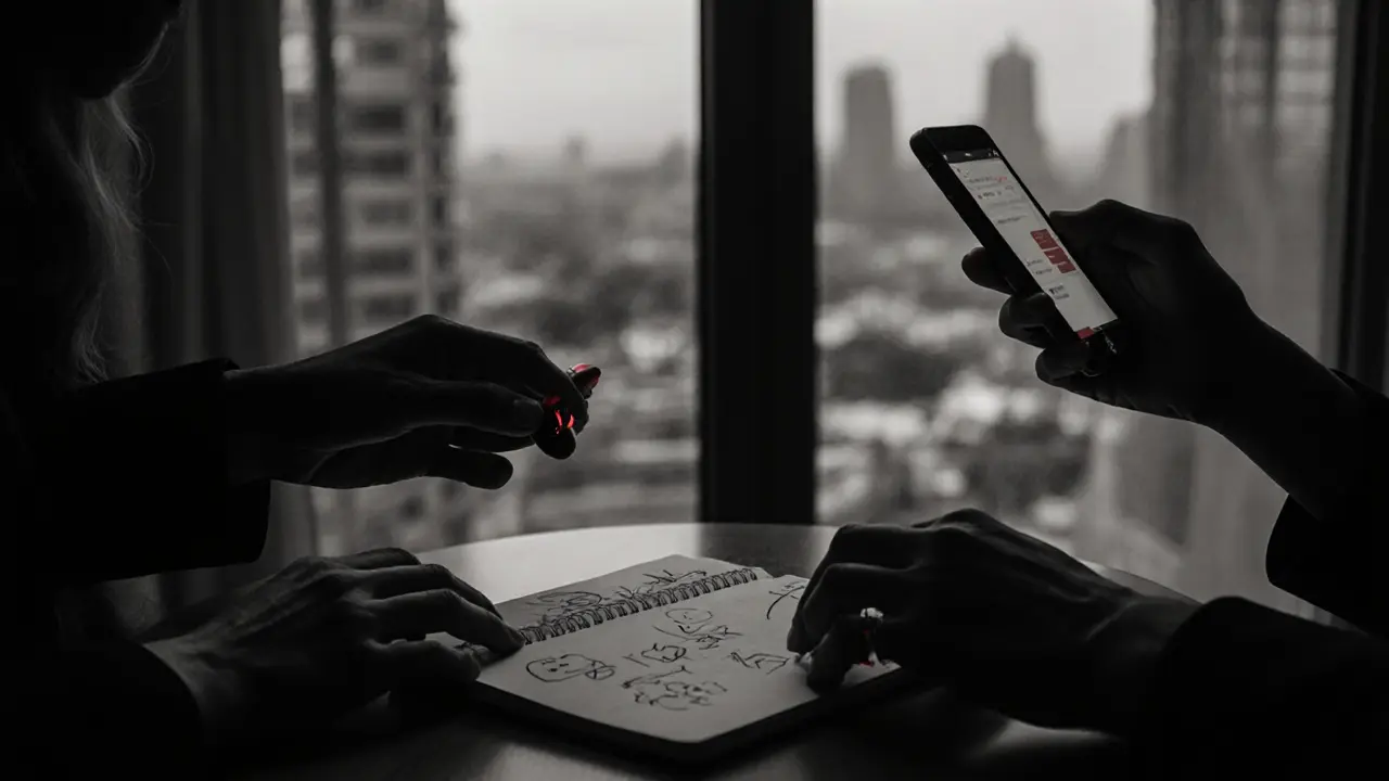 Three hands holding a panic button, phone, and therapist&#039;s notebook in a dim room.