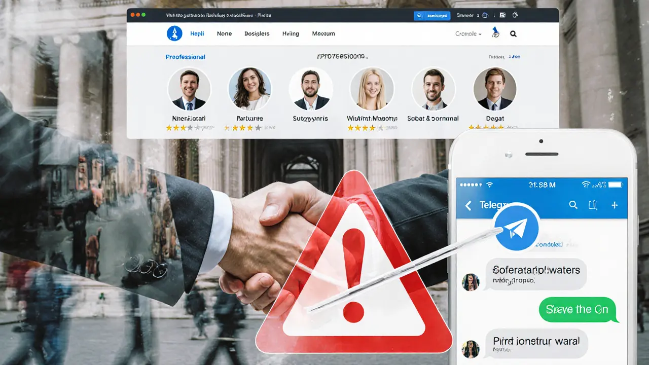 Three layered visuals: a verified escort profile website, a respectful handshake at a museum, and warning symbols over unsafe messaging apps.