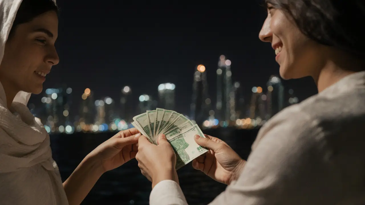 Two hands exchange cash with eye contact, symbolizing respect and dignity in a discreet Dubai encounter.