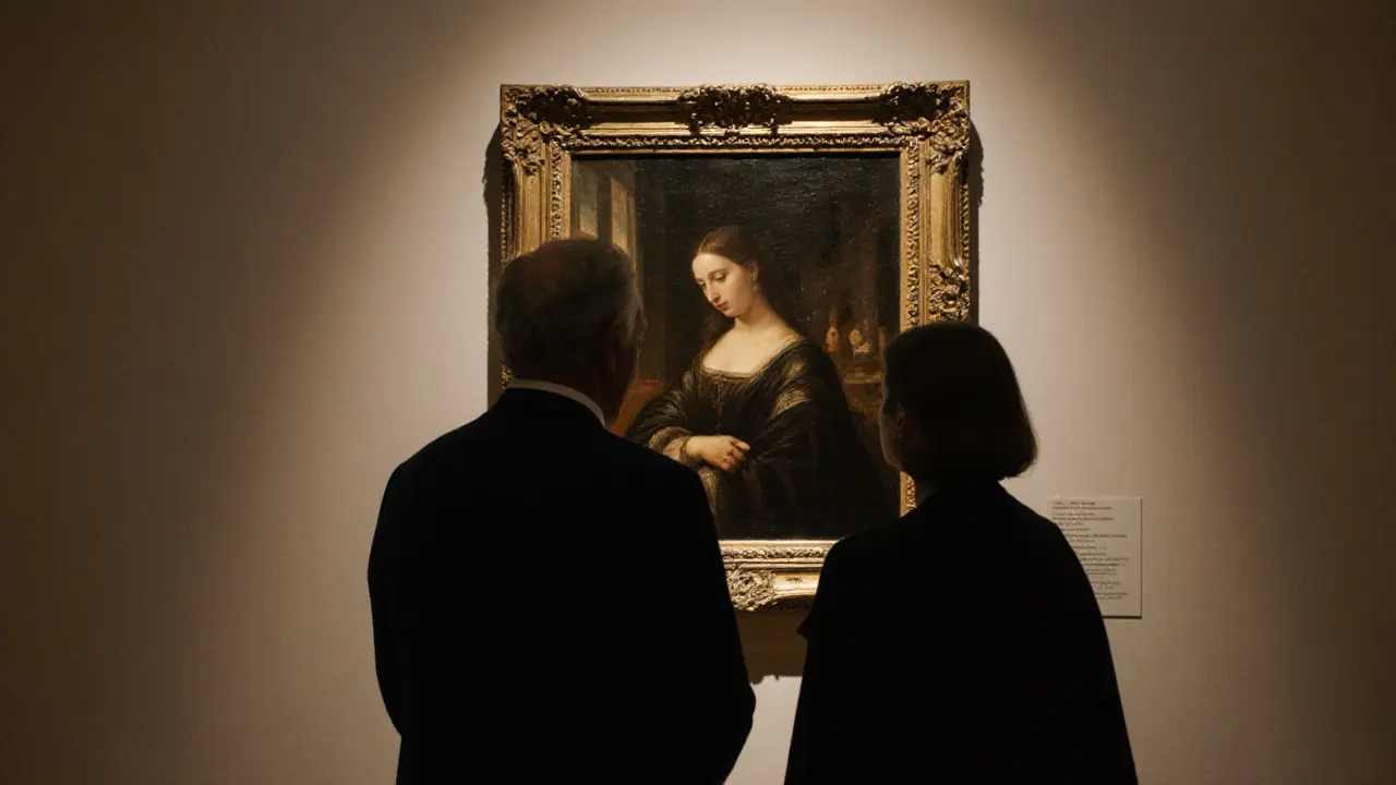 Two people quietly conversing in a quiet art gallery at dusk.