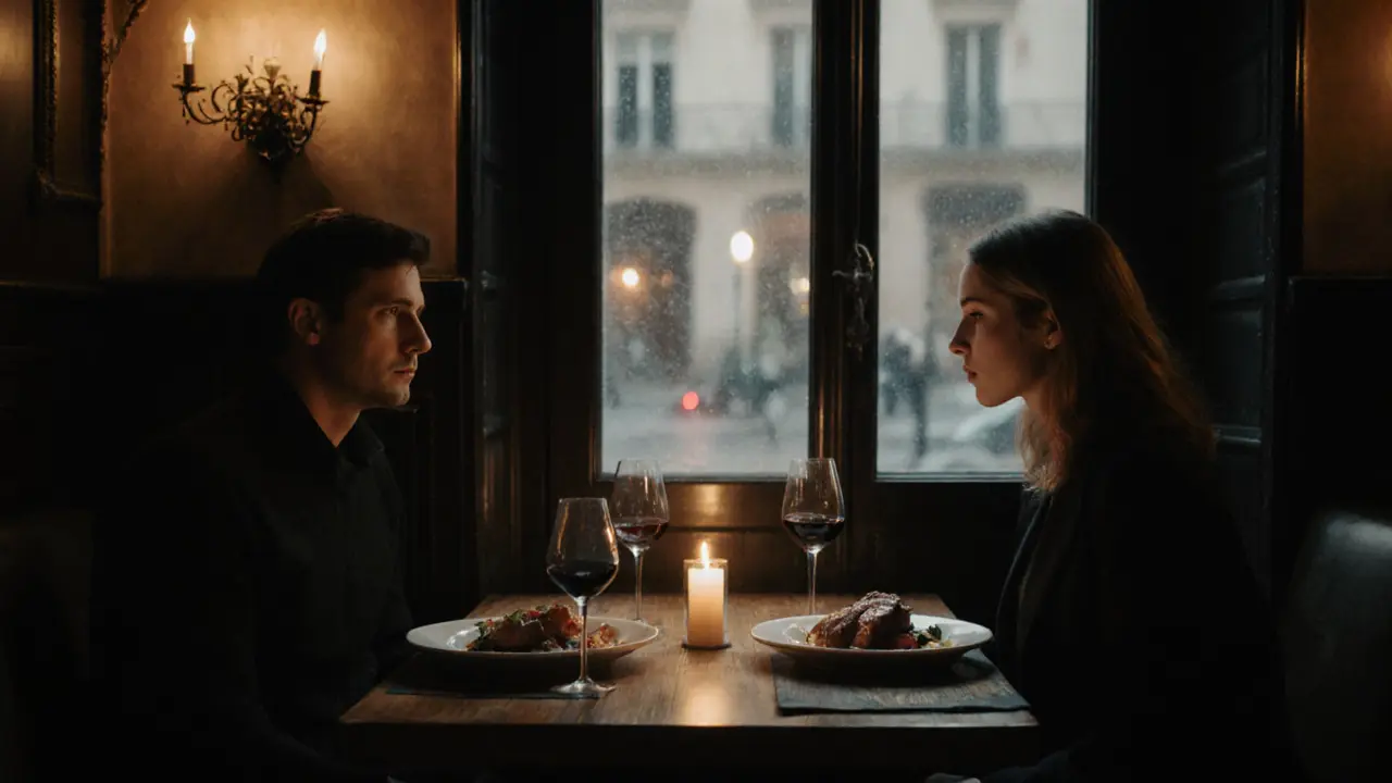 Two people sharing a quiet candlelit dinner in a cozy Parisian bistro.