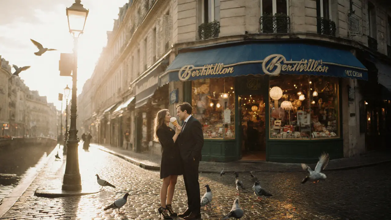 Two people sharing gelato on Île Saint-Louis under a streetlamp, rain-glistened cobblestones.