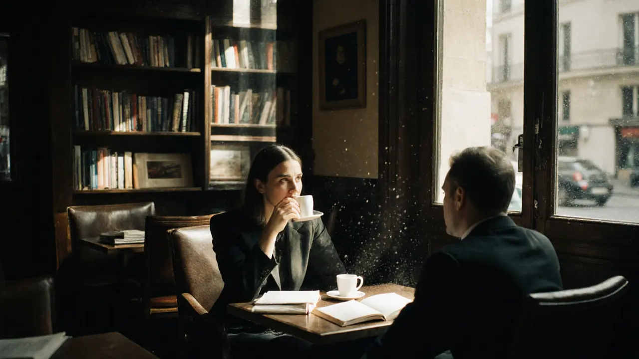 Two people sit in a quiet Parisian bookshop café, morning light illuminating their silent, thoughtful moment.