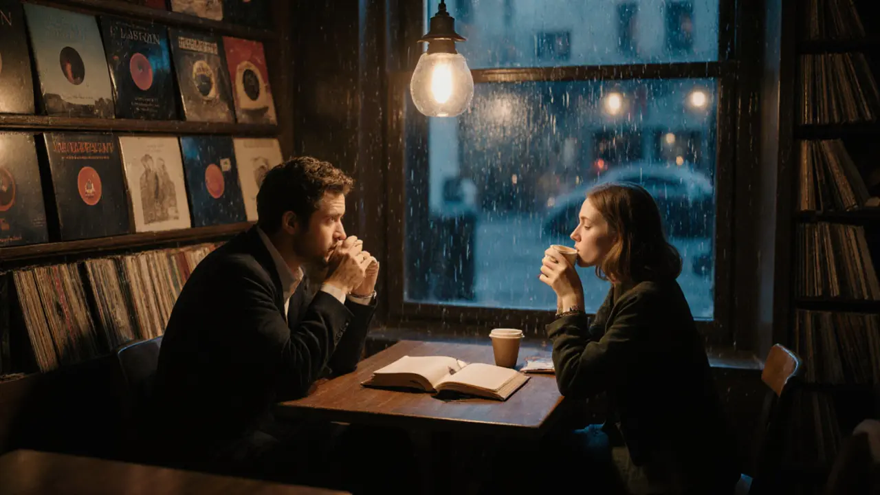 Two people talking over coffee in a book-filled Soho cafe at night.