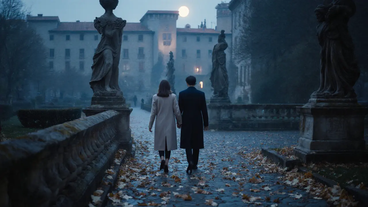 Two people walk peacefully through Sforza Castle gardens under moonlight, autumn leaves falling around them.