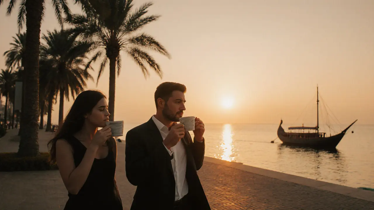 Two people walking peacefully along the Corniche at sunset, sipping coffee as the ocean reflects golden light.
