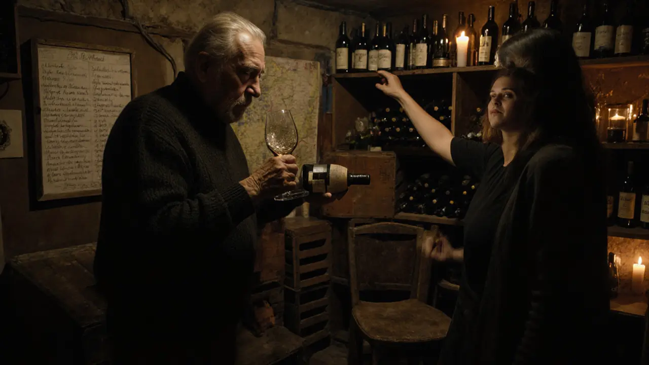 Underground cellar with handwritten wine lists and an elderly owner pouring a rare 2010 bottle.
