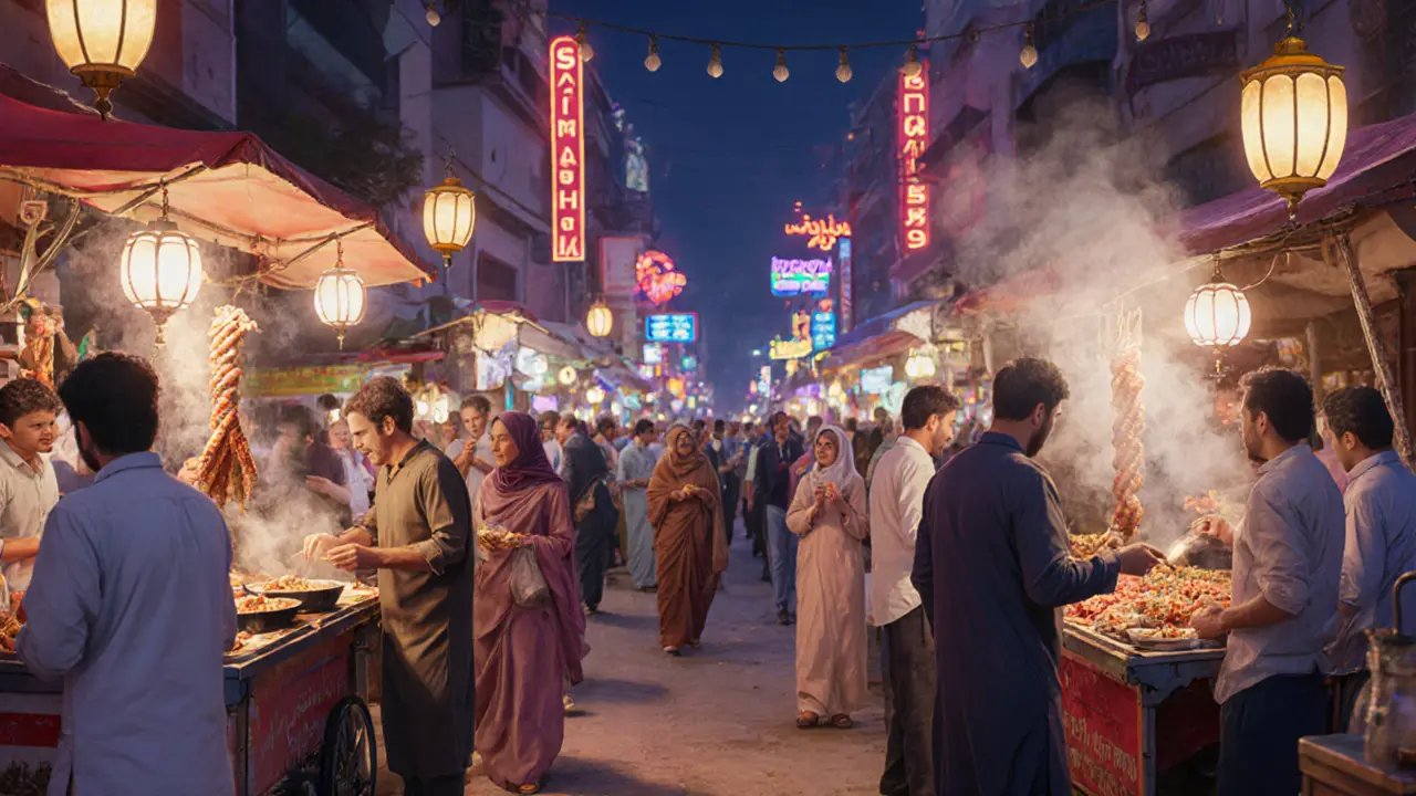 Vibrant night market with food stalls serving shawarma, kunafa, and luqaimat under lanterns.