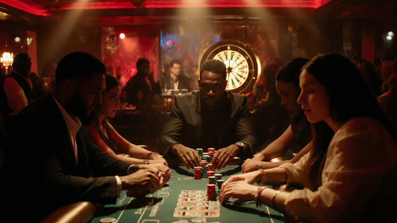 Vibrant poker night at The Hippodrome Casino with crowd, spinning roulette wheel, and live DJ.