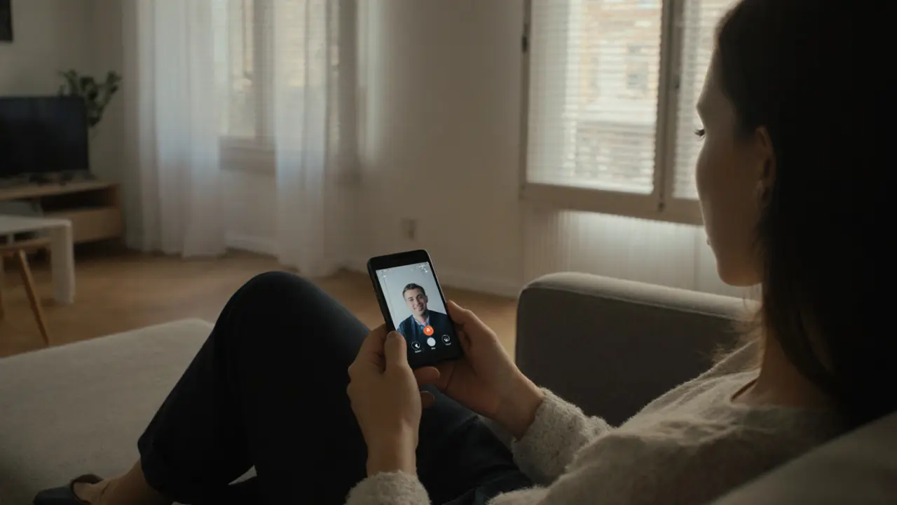 Woman on sofa during a live video call, blinds half-closed, quiet Brera apartment.