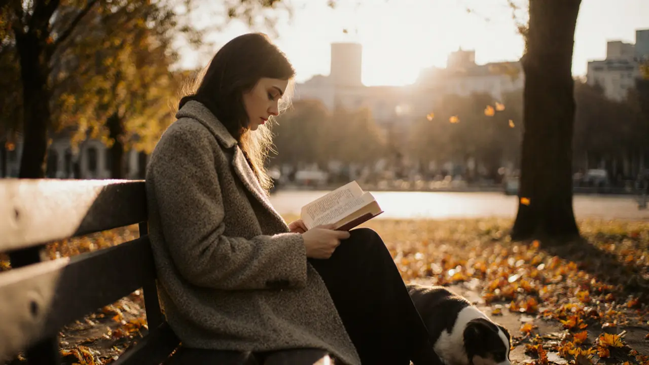 Woman reading on a park bench in Kreuzberg at sunset, dog at her feet, autumn leaves.