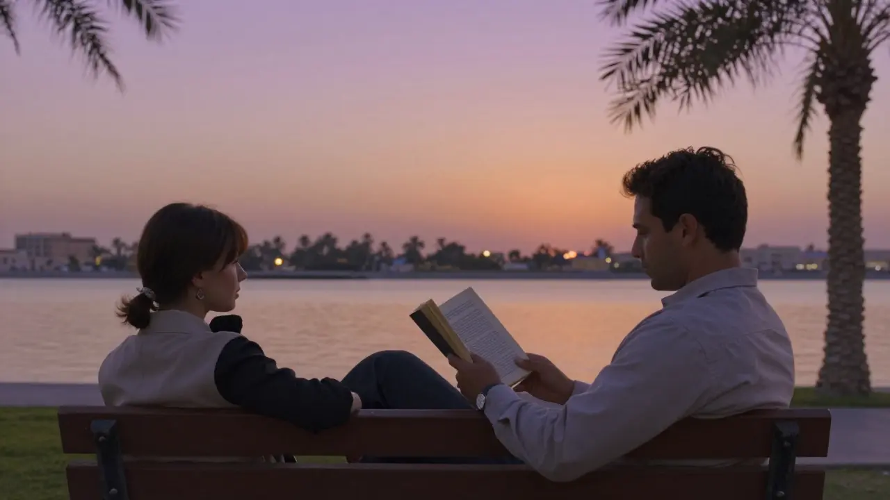 A calm companion reads poetry beside a man on a Dubai Canal bench at sunset, peaceful and serene.