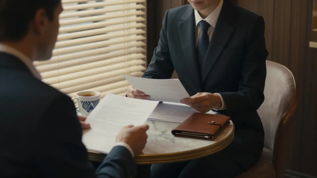 A client and escort meeting discreetly in a Berlin café, backs turned, exchanging documents over coffee.