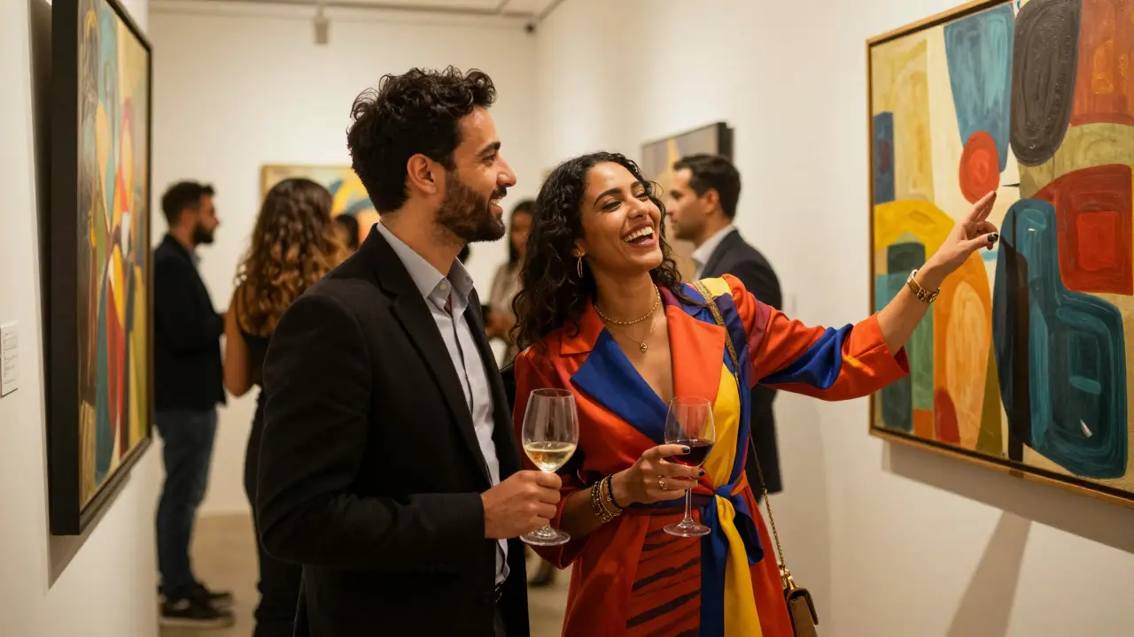 A confident woman laughs with a man at an art gallery opening in Dubai, vibrant and lively atmosphere.