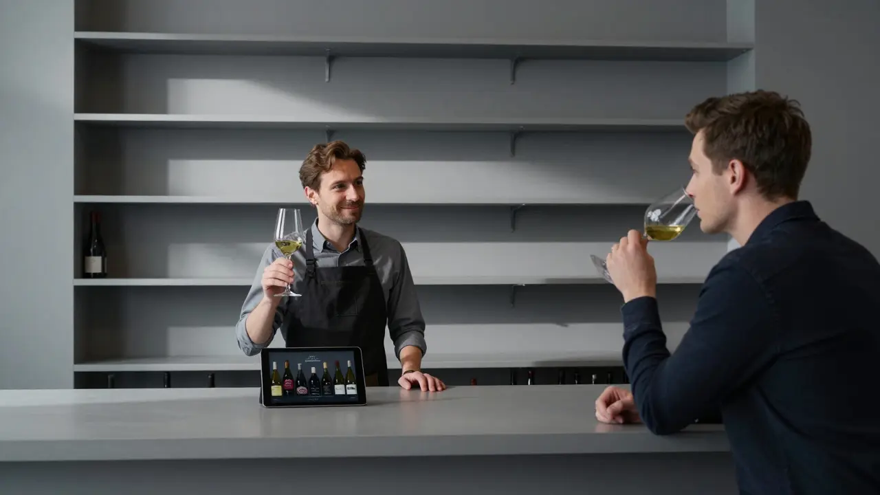 A customer sips an Austrian Blaufränkisch in a minimalist Notting Hill wine bar with no menu.