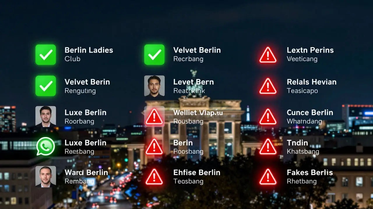 A digital dashboard overlay on Berlin's night skyline showing verified vs. fraudulent escort agencies.