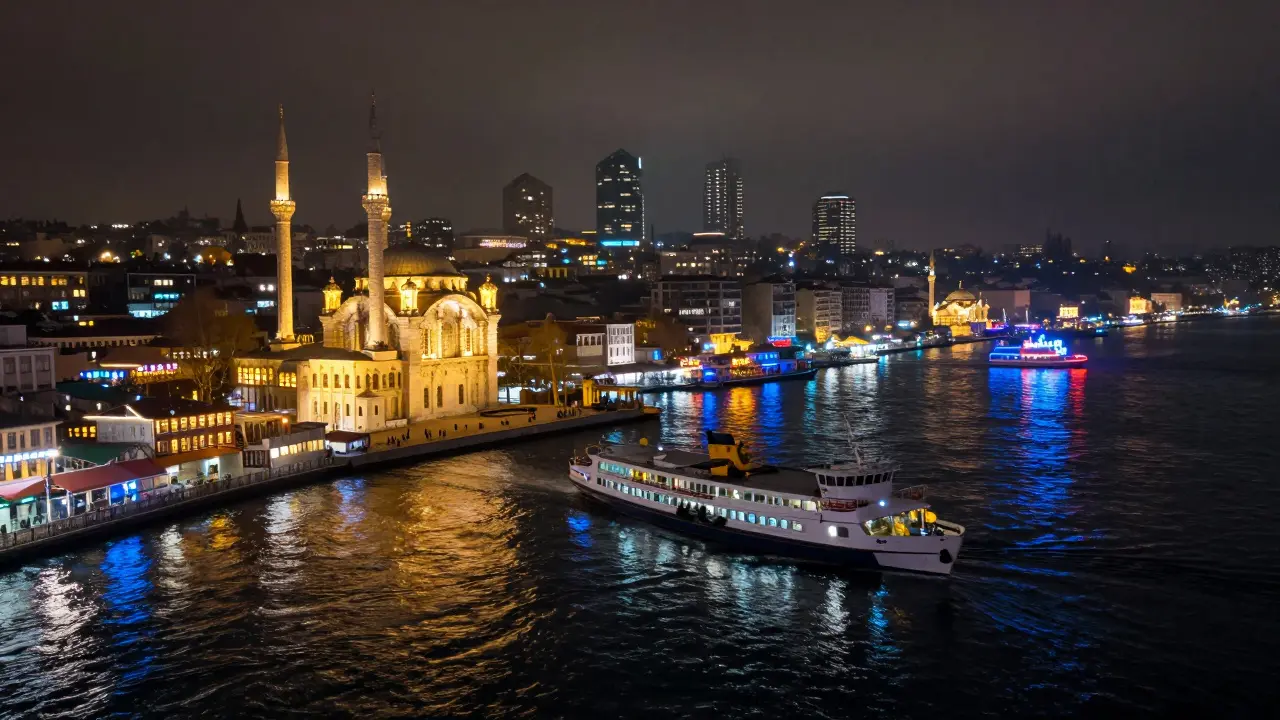 A ferry crosses the Bosphorus at night, reflecting lights from mosques, yachts, and neon signs.