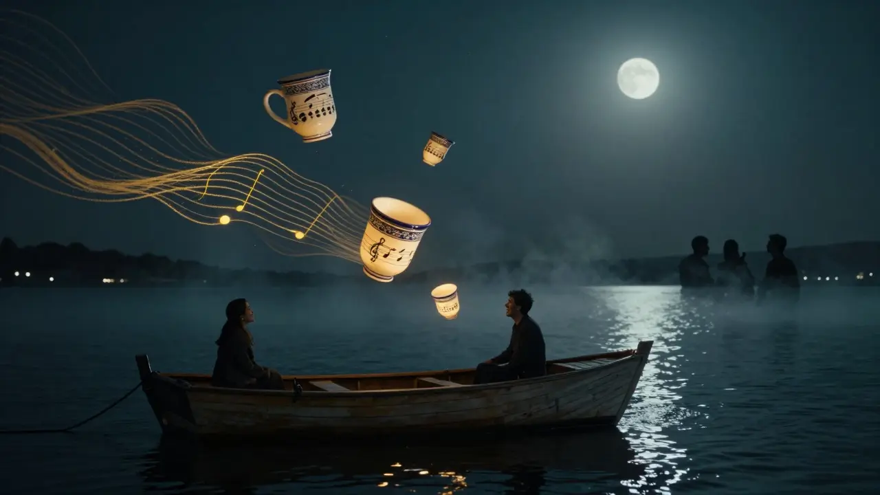 A floating wooden bar at night on the Princes’ Islands, ceramic cups glowing above the water, moonlight reflecting on the sea.