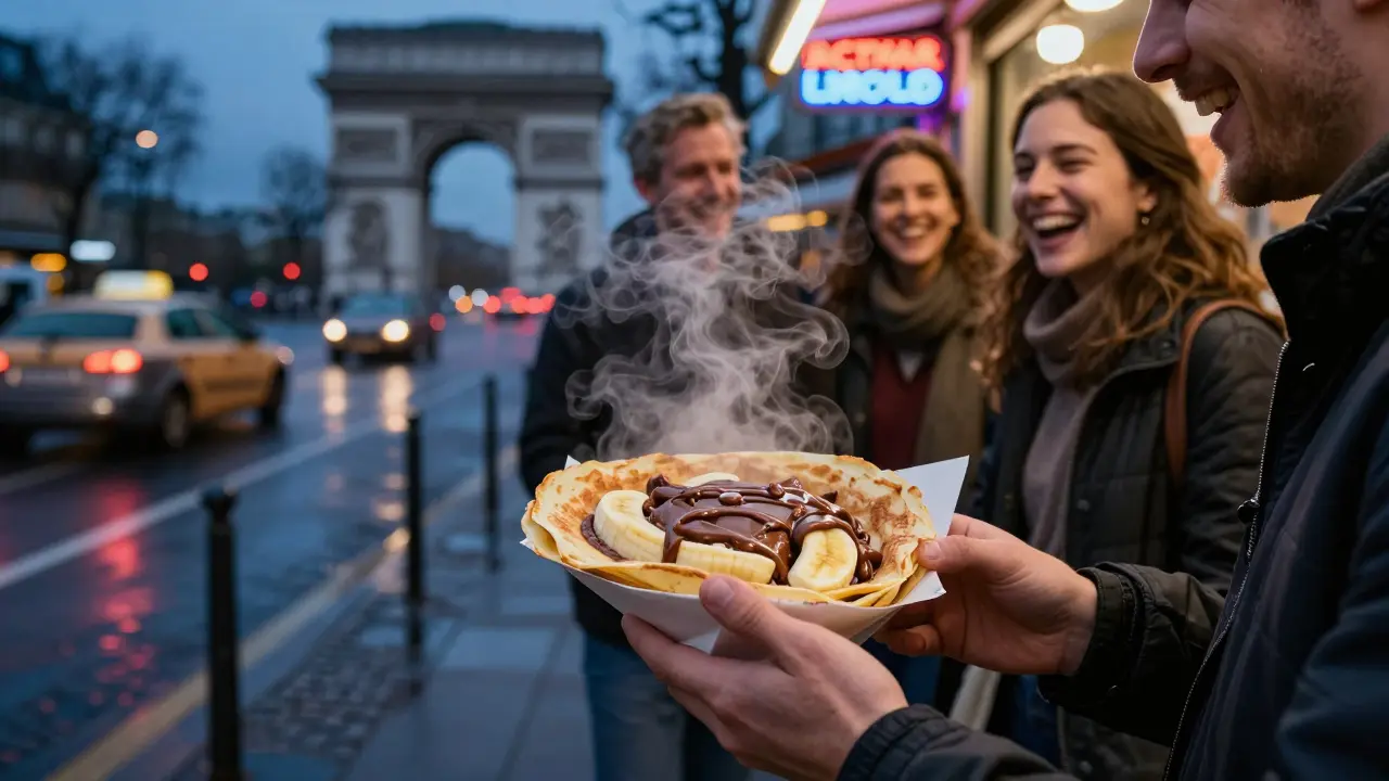 A freshly made Nutella crepe at a midnight stand, friends laughing nearby under soft neon glow on a rainy Paris street.