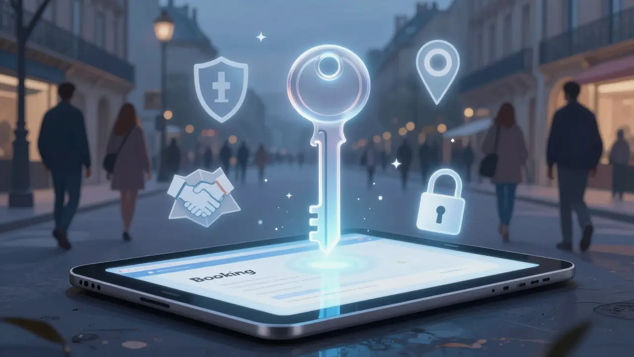 A glowing key above a secure booking interface, symbolizing trust and safety in Paris companion services.