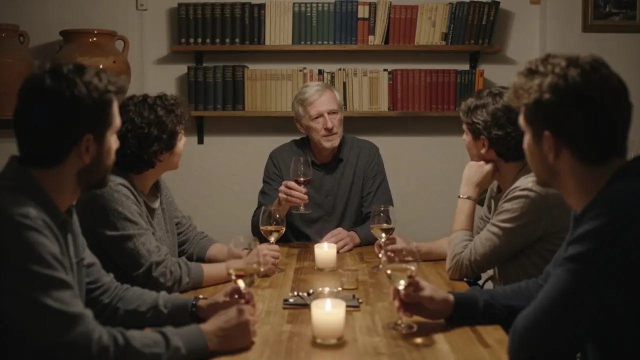 A group listens to a sommelier at a Camden wine club tasting Georgian wine from clay amphorae.