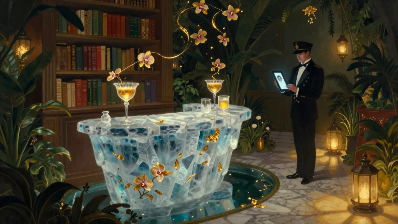A hidden 1920s-style garden lounge with glowing orchid glasses and a tuxedoed guard checking a tablet under lantern light.