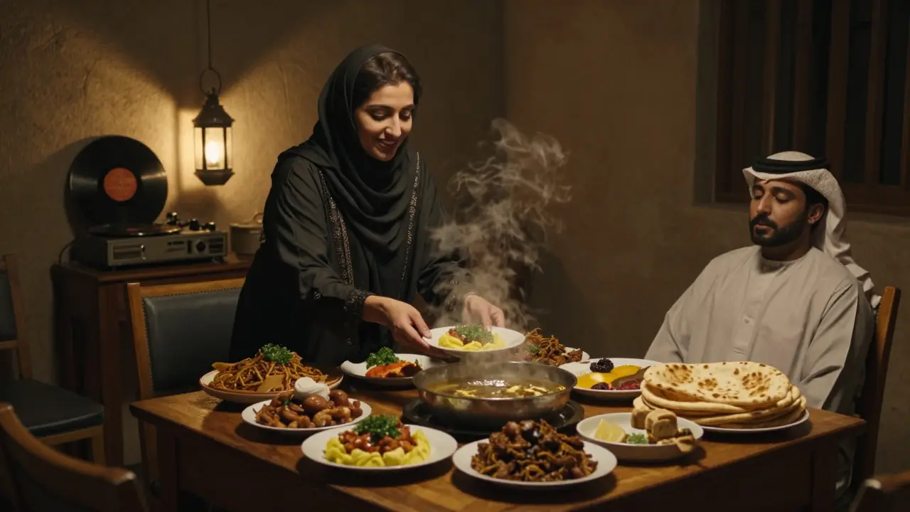 A late-night Emirati family kitchen at 2 a.m., serving traditional food under soft lantern light with no crowds.