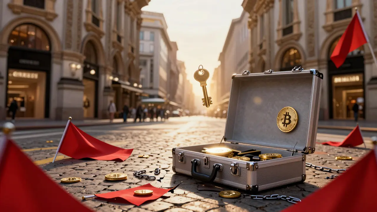 A locked briefcase on Milan streets with red flags of scams, a glowing key above it.