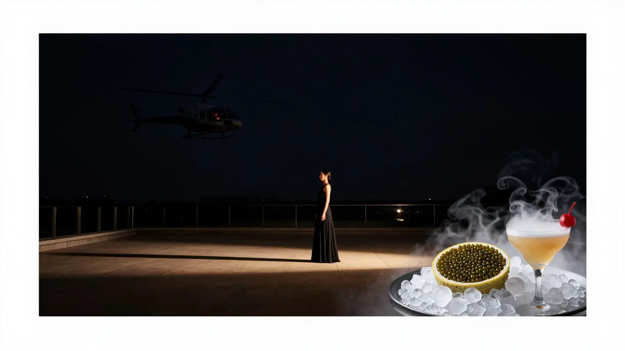A lone woman on a private rooftop terrace with liquid nitrogen cocktails and a helicopter in the distance, no crowd.