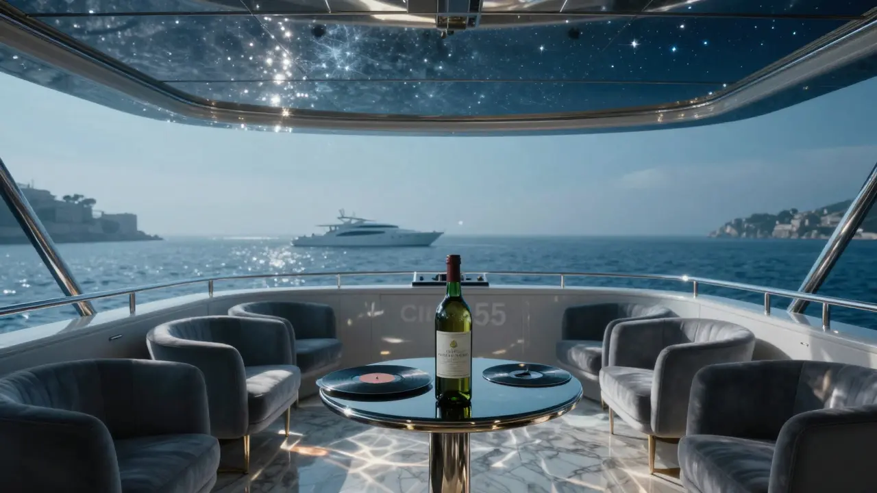A luxurious private yacht at night with mirrored ceiling reflecting stars, empty velvet chairs, and a rare wine bottle on a table.