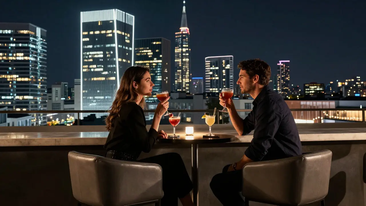 A man and woman on a modern Milan rooftop bar, overlooking the city's glowing skyline.