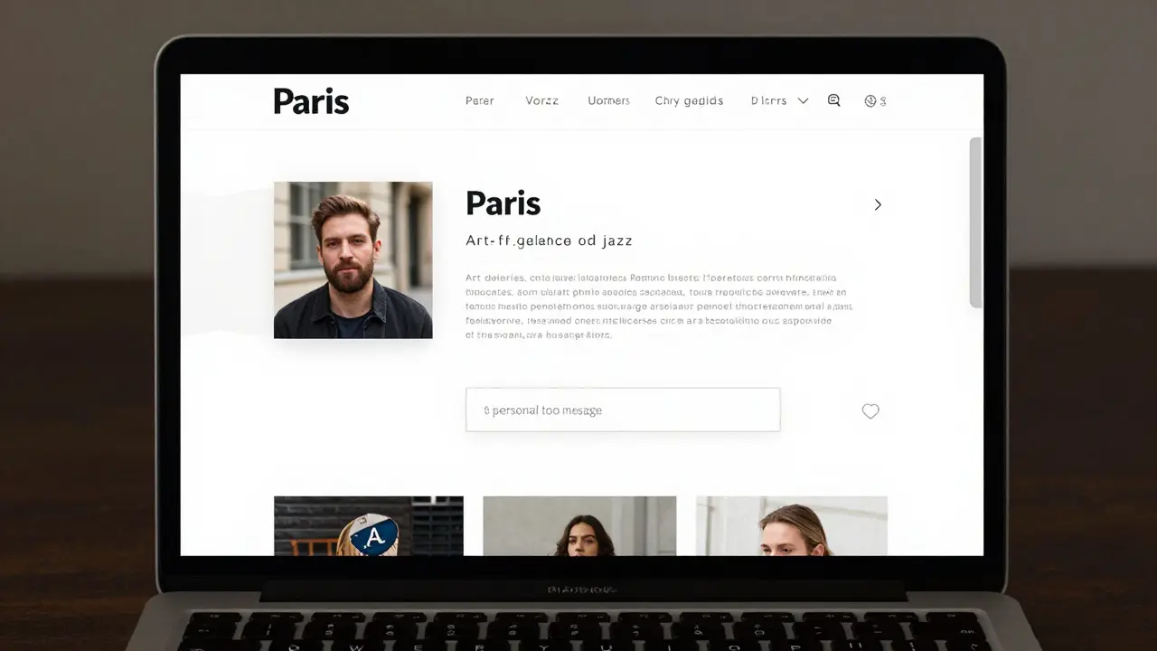 A minimalist professional companion profile on a laptop, showing natural photos and a request for a personal message.