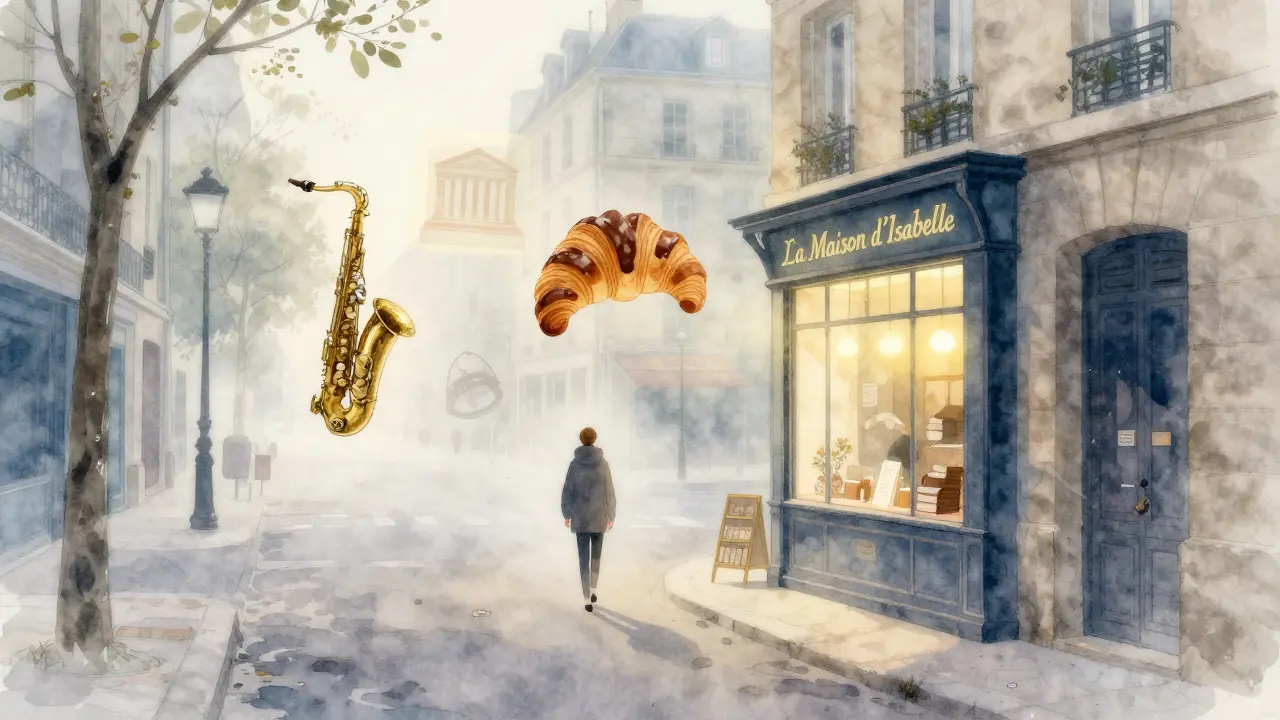 A misty Paris dawn leads to a hidden bakery, with floating symbols of secret city moments around it.
