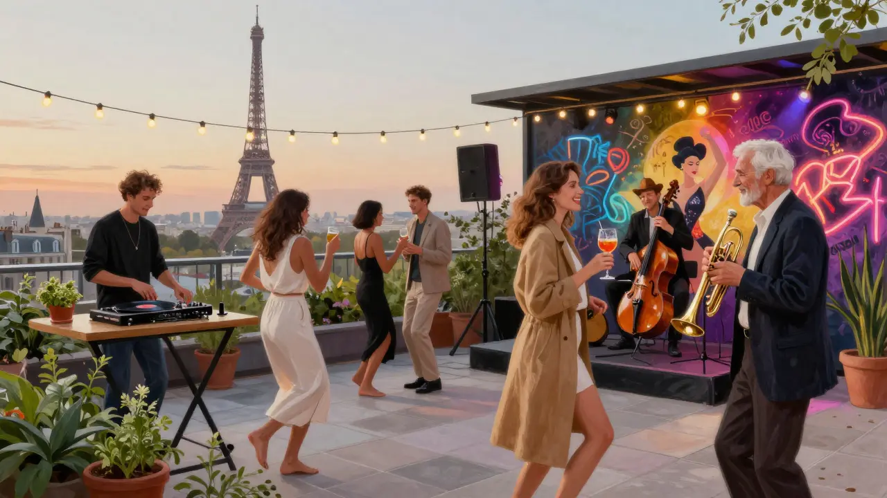 A modern rooftop party in Paris at dawn, with the Eiffel Tower glowing, live jazz, and diverse guests dancing under string lights.