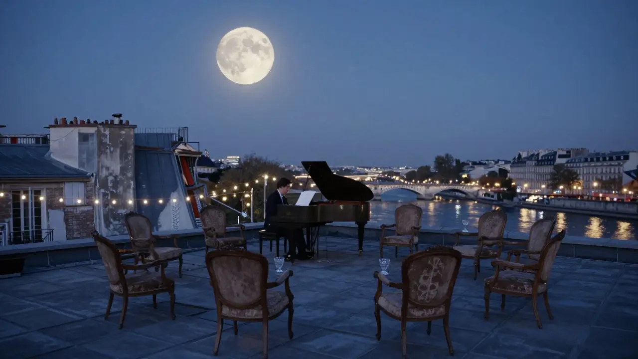 A moonlit rooftop terrace with vintage armchairs facing the Seine, a blind pianist playing under string lights.